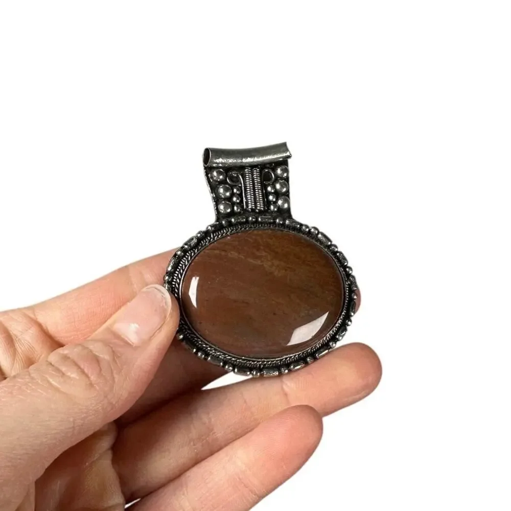 Brown Agate Cabochon Chunky Necklace Pendant Artisan Silver Tone Statement